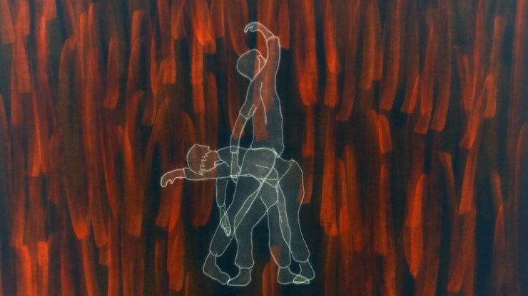 Film still from Canis Major by Charli Brissey. Red striped background, two figures drawn in white marge into one another.