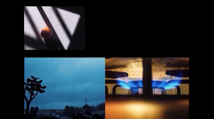 Film still from Custard Is This (Custard at Dawn) by Emma Lindsay. Three images organised in an 'L' shape. The first image is of an egg inside an egg cup with diagonal strips of sunlight. The second image is of a moody, grey sky with a plant in the foreground and the third image is of the bottom of a pan on a gas oven hob. 