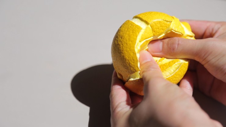 Film still from Peace | Lemon by Sayaka Katsumoto. A pair of hands squash an orange on a white background.