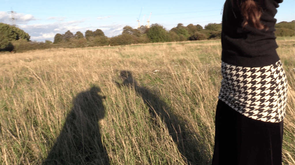 Film still from The shared space of Hackney Marshes by Dominique Rivoal, Claire Loussouarn. Someone's torso in the foreground, a grassy landscape in the background, two shadows in motion are cast on the grass. 