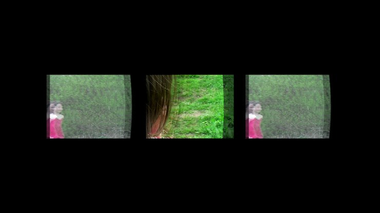 Film still from That's how I remember her by Naomi Midgelow. Three blurred images horizontally in line with each other. The first and third image is a young girl wearing a red outfit in front of some trees. The second image is a close up of the back of the girl's head looking towards the trees.